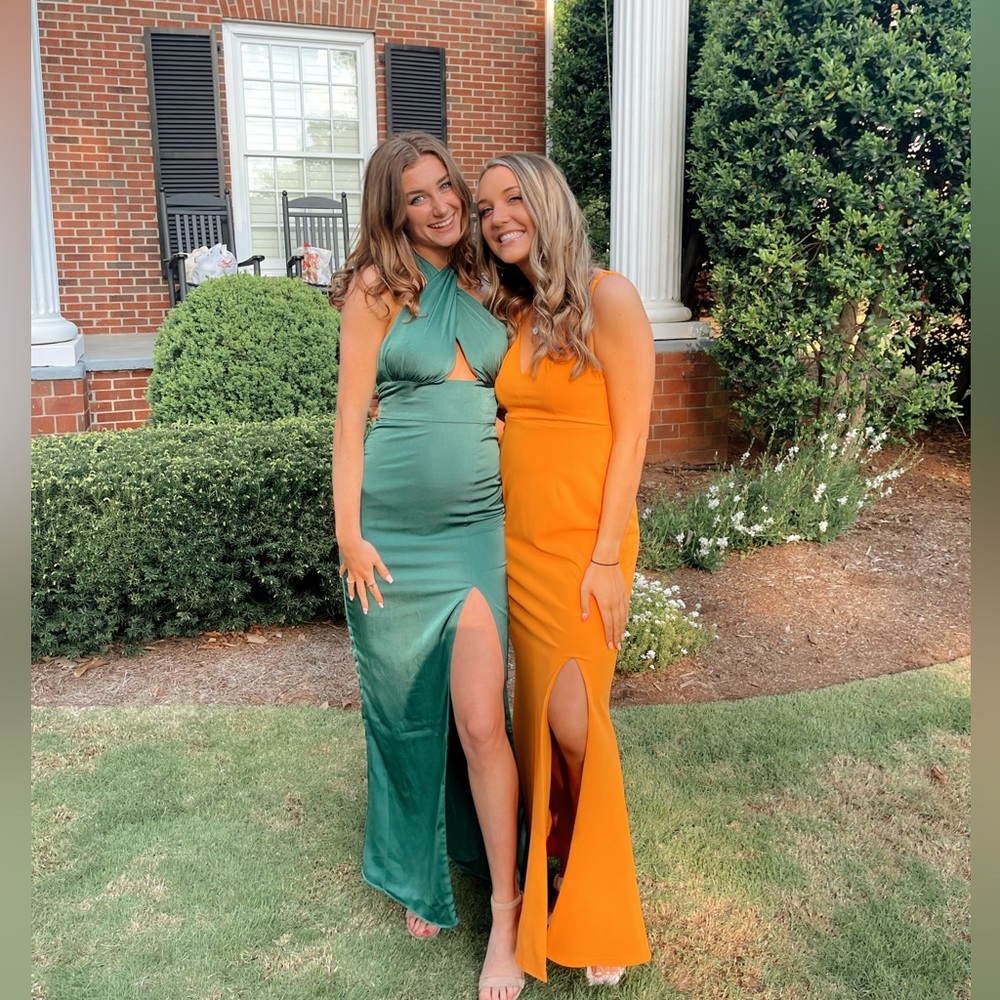 Green crossneck slit formal dress